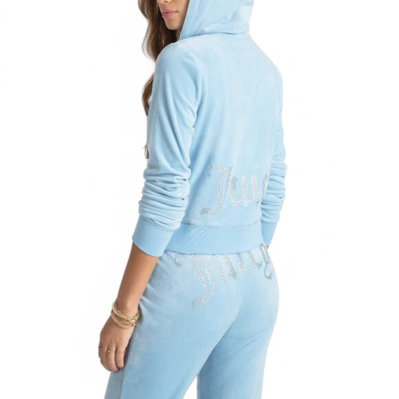 JUICY COUTURE BLING Velour 2 Piece TRACKSUIT Pants + Hoodie Set Frosted Blue NWT - Picture 11 of 16